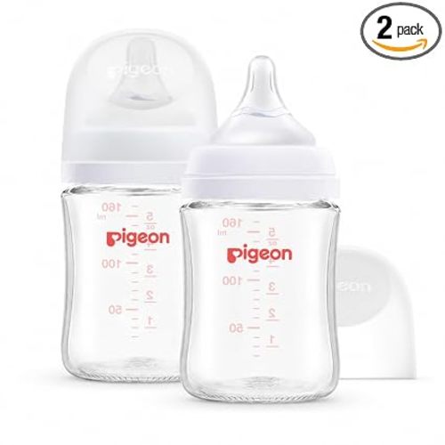 Pigeon Glass Nursing Bottle Wide Neck, Anti-Colic, Streamlined Body, Natural Feel, Easy to Clean, Heat-Resistant, 5.4 Oz (Pack of 2), Includes 2pcs SS Nipples (0m+)