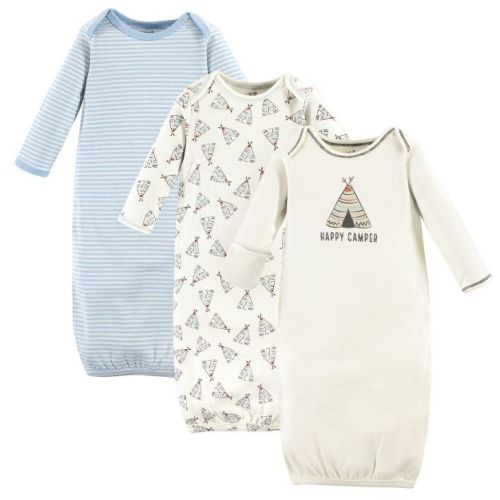 Touched by Nature Baby Boy Organic Cotton Long-Sleeve Gowns 3pk, Blue and Gray, 0-6 Months