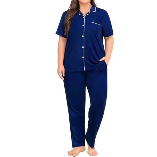 SWOMOG Women's Plus Size Pajama Set Short Sleeve Sleepwear Top and Pants Button Up Pajamas for Women Loungewear