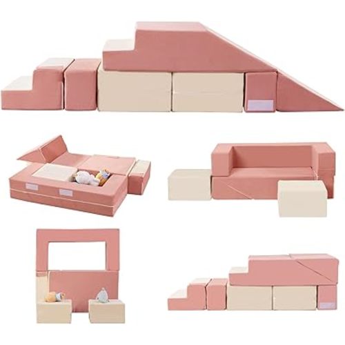 Toddler Foam Climbing Blocks|Modular Kids Soft Play Couch Sofa with 2 Ottomans Indoor,Baby Crawling & Sliding Foldable Soft Play Set with Stair,Beige & Pink