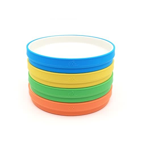 Elk and Friends Kids 7.8” Porcelain White Plates with Silicone Sleeves | Suitable for Babies/Toddlers | Microwave & Dishwasher Safe | Non Slip Dinnerware | Snack Dishes | 4 Pack