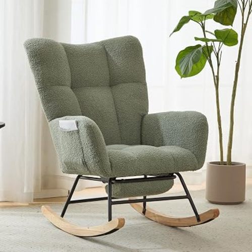 Modern Teddy Fabric Glider Rocker with Footrest and Side Storage Pocket