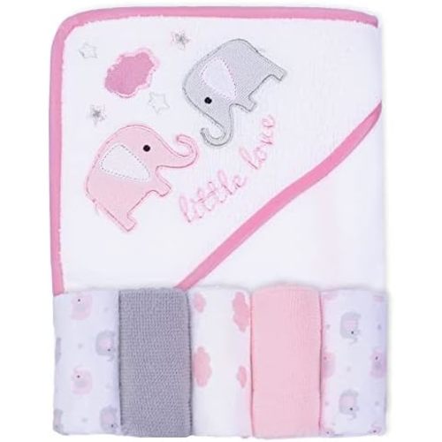 Viviland Baby Towels and Washcloths, Soft Absorbent Pink Baby Bath Towel Set, Elephant Hooded Towels with 5 Infant Face Washcloths (6 Pieces)
