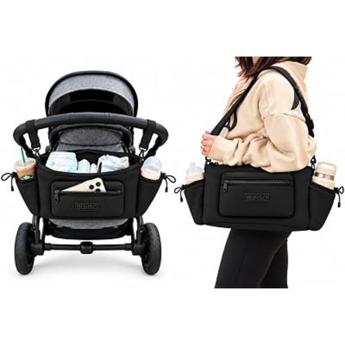 BUNSO Neoprene Stroller Organizer Caddy for Baby – 2-in-1 Stroller Bag & Crossbody Bag, 8 Pockets, 3 Interior Compartments, Adjustable Bottle & Cup Holders, Lightweight, Easy to Clean (Black)