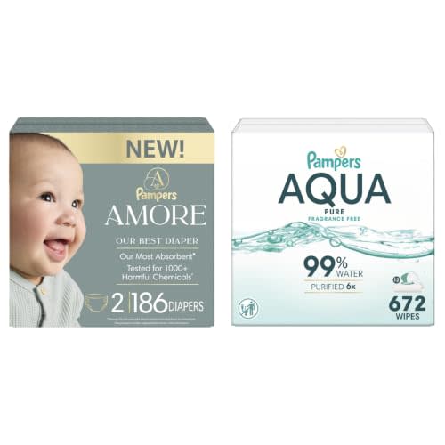 Bundle of Pampers Amore, Size 2 (10-22 lbs), 186 Count, + Pampers Baby Wipes Aqua Pure, 99% Water-Based Wipes, Hypoallergenic and Unscented Baby Wipes, 672 Wipes Total (12 Flip-Top Packs)
