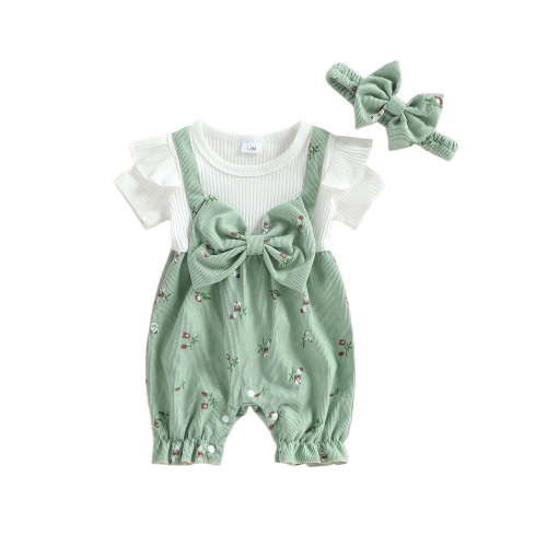 Loicainy Baby Toddler Girl Fake Two-Piece Jumpsuit 3 6 9 12 18 Months Floral Short Sleeve Summer Romper and Bow Headband 2 Piece Set