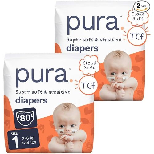 Pura Baby Diapers Size 1 (7-14 lbs) 80 Count Sensitive Skin