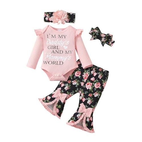 SUNNY PIGGY Newborn Baby Girl Clothes Infant Outfits Romper Floral Fall Outfit Bell Bottoms Pant Sets Hat Headband Flowerpant