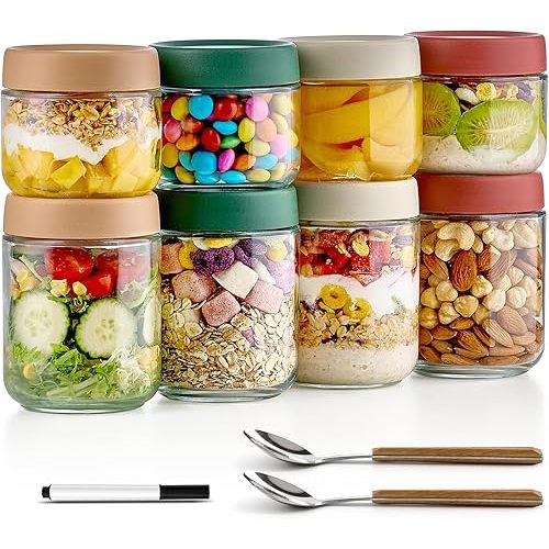 8 Pack Overnight Oats Containers with Lids, Large & Small Glass Mason Jars 16oz & 10 oz, Breakfast Oatmeal Container to Go, Salad Meal Prep Jars for Food Storage, Mush Chia Seed Pudding Jars