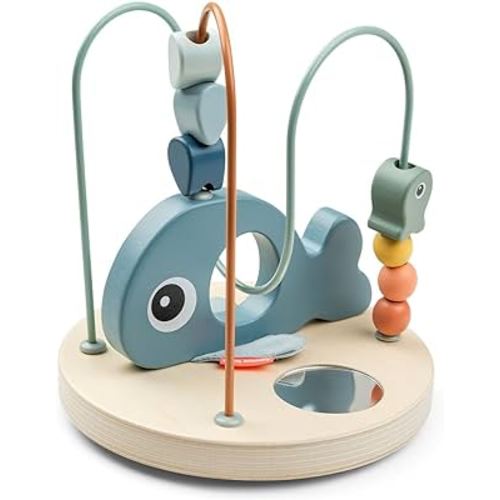 Done by Deer Wally Bead Maze - Educational Toy for Kids - Ocean Blue Theme - Fine Motor Skill Development - Whale & Underwater Elements - Soft Crinkling Fabric on Fins - Small Mirror - Sturdy Base