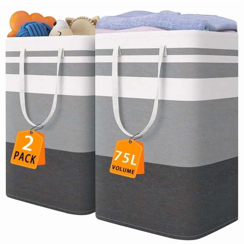2 Pack Large Laundry Baskets, Waterproof, Freestanding Laundry Hampers, Collapsible Clothes Hamper with Reinforced Handles in Laundry Room, College Dorm, Bathroom, Bedroom (Grey, 75Lx2)