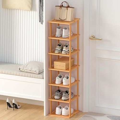 Bamboo Free Standing Shoe Rack Shelf Multi Tier Tall Wooden Stackable Shoes Rack Organizer for Closet Front Door Entrance Narrow Vertical Shoe Storage Rack for Corner Stand (Nature, 7 Tiers)