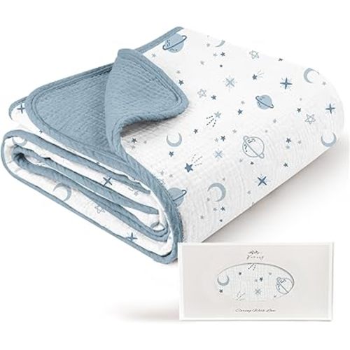Konssy Muslin Baby Blankets for Girls Boys, 100% Cotton Crib Blanket for Infant Toddler, Super Soft and Lightweight Nursery Swaddling Wrap 40"x36" (Star)