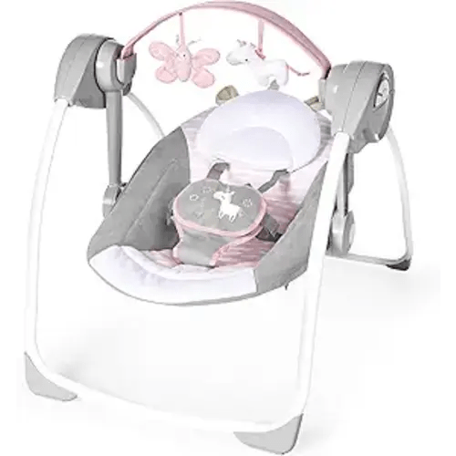 Ingenuity Comfort 2 Go Compact Portable 6-Speed Cushioned Baby Swing with Music, Folds Easy, 0-9 Months 6-20 lbs (Pink Flora the Unicorn)