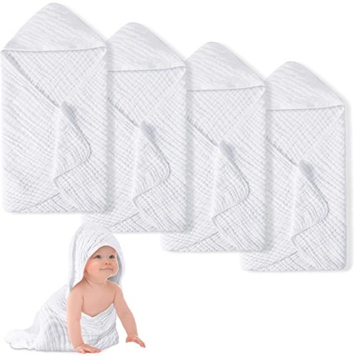 Muslin Cotton Hooded Baby Bath Towel Sets Large 32 x 32 Inch Soft Unisex Bath Towels Bulk for Babies, Toddler, Infant, Newborn, Baby Gifts for Girl Boy (White, 4 Pieces)