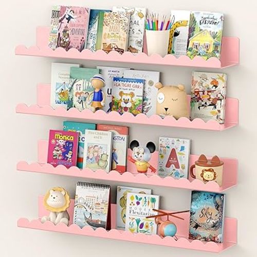 Floating Shelves for Wall, 23 Inch Metal Nursery Book Shelves 4 Pack, Wall Mounted Book Shelf for Kids Room, Bedroom, Bathroom, Playroom Decor (Pink)