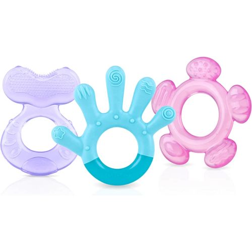 Nuby 3 Step Soothing Teether 3 Piece Set- Front, Middle, Back Teeth Teething- Pink/Purple, 3 m+