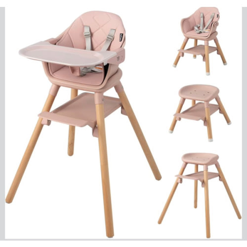 BABY JOY Baby High Chair, 6 in 1 Convertible Wooden High Chair for Babies & Toddlers with Adjustable Legs, Double Removable Tray, Safety Harness & Waterproof PU Cushion (Pink)