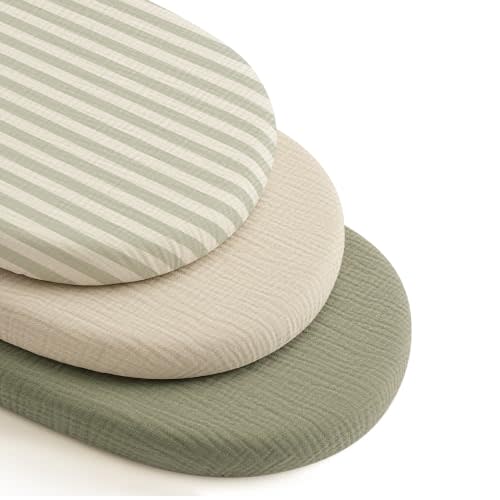 Niceye Muslin Bassinet Sheets 3-Pack (32" x 16") | 100% Cotton, Soft & Breathable, Fits Oval & Hourglass Bassinet Mattresses, For Baby Girl Boy