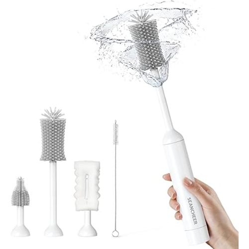 SEANCHEER S02 Electric Bottle Brush Set, Portable Baby Bottle Brush Cleaner, AA Battery-Powered & IPX7 Waterproof, with Silicone Bottle/Nipple/Sponge/Straw Brush, for New Parents (Extra-Long)