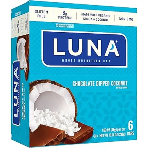 Luna BAR - Gluten Free Snack Bars - Chocolate Dipped Coconut Flavor -8g of Protein - Non-GMO - Plant-Based Wholesome Snacking - On The Go Snacks (1.69 Ounce Snack Bars, 6 Count)