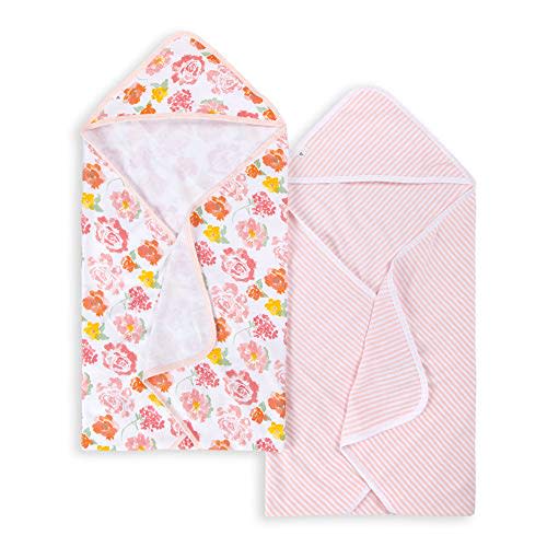 Burt's Bees Baby - Hooded Towels, Absorbent Knit Terry, Super Soft Single-Ply, 100% Organic Cotton 2 Pack), Rosy Spring, 2 Pack