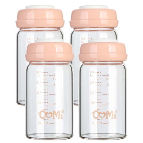 Comi, Wide Neck Baby Glass Bottle, 6oz, Leak-proof with Pink Lids