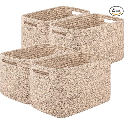Storage Baskets for Organizing, Woven Decorative Baskets for Shelves - Books, Towels, and Clothes, Cotton Rope Toy Storage Bins, 12.7''Lx9''Wx7.8''H, Pack of 4, Brown