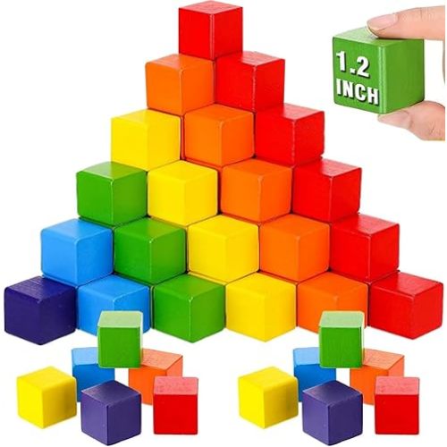 Libima 100 Pcs 1.2 Inch Wooden Building Blocks Stacking Game, Rainbow Wood Blocks Set Square Colorful Wooden Cubes Counting Large Learning Educational Toys for Math Boys Girls