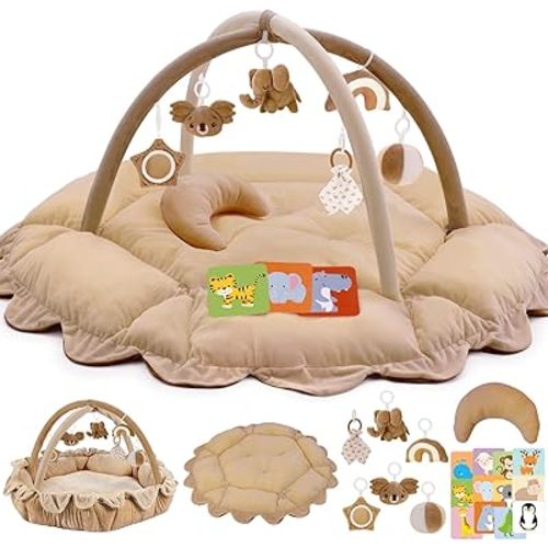 5-in-1 Plush Baby Play Gym, Activity Mat with Convertible Gym and Pillow, 6 Sensory Toys, Play Center from Newborn to Toddler, Brown