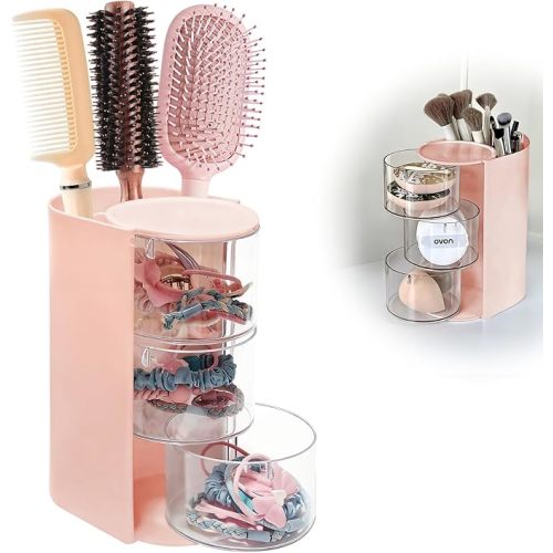 Hair Accessory Organizer & Hair Brush Holder, 3-Layer Clear Hair Accessories Organizer Rotatable Small Jewelry Box for Clip Earring Necklaces, The Latest Gift for A Girl. (pink) Hair Caddy