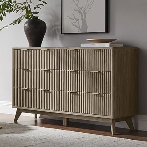 T4TREAM 54" Wide Fluted 6 Drawer Dresser for Bedroom, Grey Alder