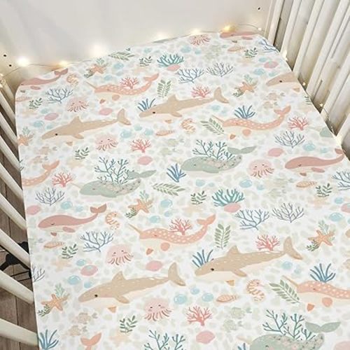 Girly Whale Baby Crib Sheets for Boy Girl 28"x52" Narwhal Shark Jellyfish Corals Soft Stretchy Fitted Crib Mattress Cover Boho Sea Ocean Animals Leopard Baby Sheet for Crib & Toddler Bed Mattresses
