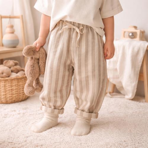Baby Linen Cotton Stripe Pants, Vintage Toddler Trousers with Elastic Waist & Pockets, Unisex Boys Girls Clothing