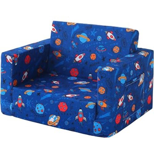 lasoftan Toddler Couch, 2-in-1 Soft Kids Couch Bed Fold Out, Toddler Chairs Comfy for Boys & Girls, Convertible Kids Sofa to Lounge for Playroom, Gift for Birthday, Children's Day - Space Universe