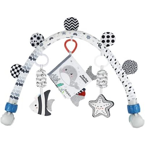 Baby Activity Travel Mobile Arch Bassinet Toy, Black and White High-Contrast Crib Toys, with Rattle and Book, Strolle,Pram and Crib Attachment with Hanging Toys (Ocean)