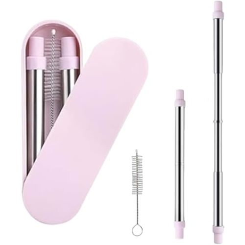 Ouliget Reusable Collapsible Travel Straw,Stainless Steel Portable Telescopic Straws with Case and Cleaning Brush,Metal Drinking Straw for Travel School Picnic