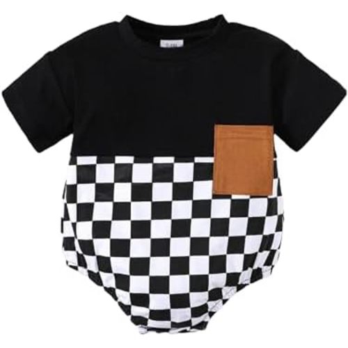 Newborn Baby Boy Bubble Romper Infant Color Block Short Sleeve Oversized Bodysuit Summer Outfit