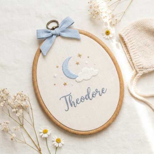 Embroidered Moon Star Name Hoop, Personalized Baby Boy Nursery Decor