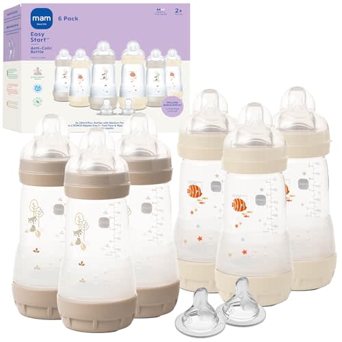 MAM 9oz Easy Start Anti-Colic+ Baby Bottles, Medium Flow & 2 Bonus Nipples Set (Fast & Extra Fast Flow), Reduces Colic, Gas, & Reflux, Easy-to-Clean, BPA-Free, 2+ Months, Made in Europe, 6 Pk, Unisex