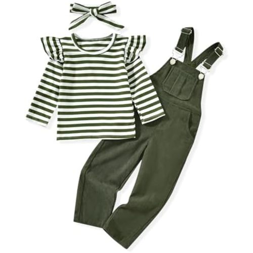 HINTINA 2PCS Baby Girls Clothes Toddler Jumpsuit Rompers Adjustable Ripped Jeans Overalls Set with Long Sleeve Stripe T-Shirt