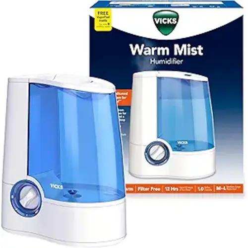 Vicks Warm Mist Humidifier Filter-Free 1-Gal Tank, Auto Shut-Off, Night Light, VapoPad and VapoSteam Compatible