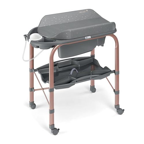 Sorelle Furniture Bagnetto Cambio Portable Baby Bathtub with Changing Table, Foldable Infant Diaper Changing Station with Storage Tray, Waterproof Pad, Nursery Organizer Bath Stand with 4 Wheels