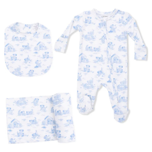 Puppy Toile Blue, 2 Way Zipper Footie, Swaddle & Bandana Bib Set - Angel Dear Sleepwear | Maisonette