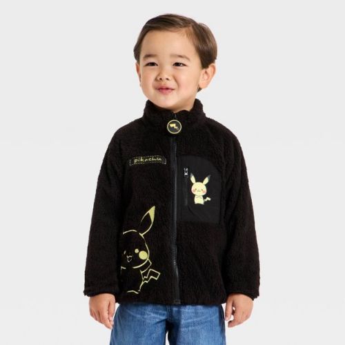 Toddler Boys' Pokemon Monpoke Collection Pikachu Faux Shearling Zip-Up Sweatshirt - Black 12M