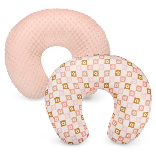 Nursing Pillow Covers 2 Pack, Orange Minky Dots Breastfeeding Pillow Slipcover for Baby Boys Girls, Ultra Comfortable Nursing Pillow Protector, Soft and Machine Washable, Flower Checkerboard