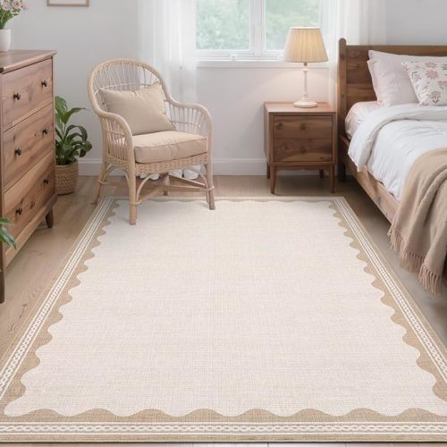 GarveeHome Scalloped 4x6 Rug Non-Slip Washable Low-Pile Carpet - Solid Beige Modern Rugs for Bedroom Living Room Nursery Kitchen Entryway Indoor Mat with Rubber Back