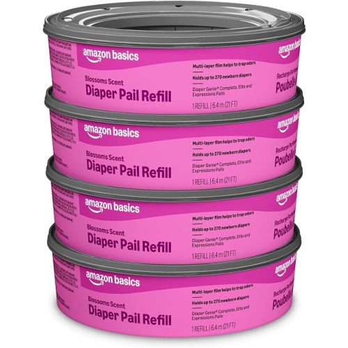 Amazon Brand - Mama Bear Blossoms Scented Diaper Pail Refills for Diaper Genie Pails, Odor Control, 1080 Count (4 Packs of 270 Count) | Compatible with Diaper Genie Complete, Elite & Expressions Pails