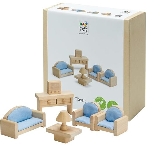 PlanToys® Living Room Classic Set for Montessori Inspired Small World Play | Imaginative Storytelling, Social Interaction and Home Role Play | Eco Friendly Wooden Dollhouse Living Room Furniture