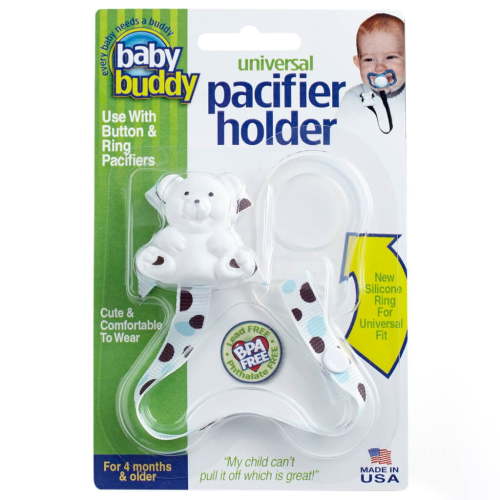 Baby Buddy Infant Pacifier Holder Clip with Universal Silicone Ring 4+ Months, Brown-Sky Dots 1 Pack